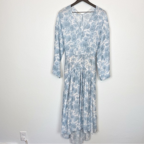 Vince Dahlia Print Long Bell Sleeves Double V Neck Rayon Flowy Maxi Dress - Picture 7 of 12